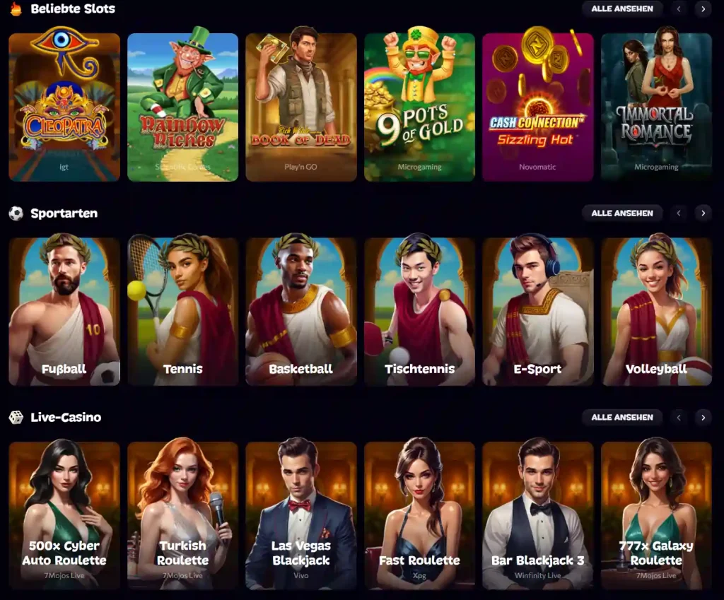 Aphrodite Casino Kategorien mit Slots, Sportarten und Live Casino Spielen