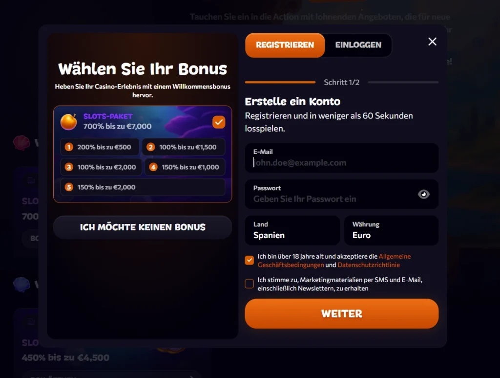 Aphrodite Casino Registrierung mit Auswahl des Willkommensbonus bis zu 7000 Euro