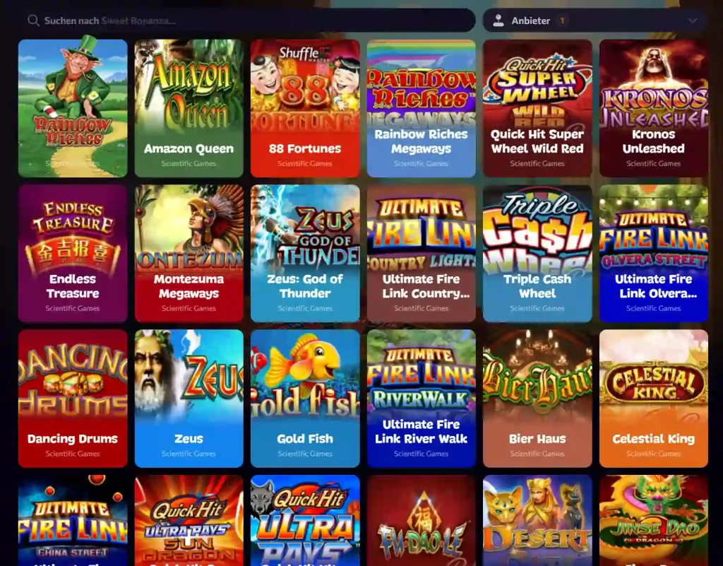 Aphrodite Casino Slot Spiele Lobby mit verschiedenen Spielautomaten und Spielauswahl
