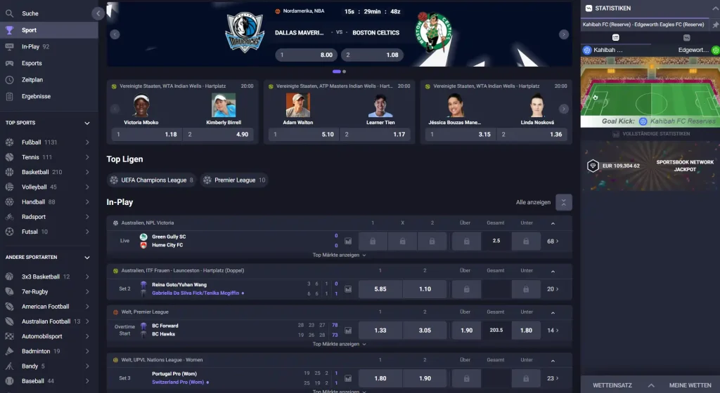 Aphrodite Casino Sportwetten Bereich mit Live Wetten und verschiedenen Sportarten