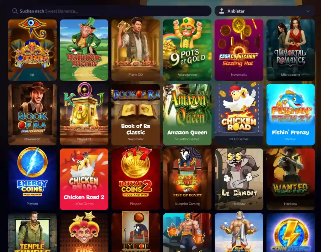 Aphrodite Casino Auswahl beliebter Slot Spiele wie Book of Dead und Rainbow Riches